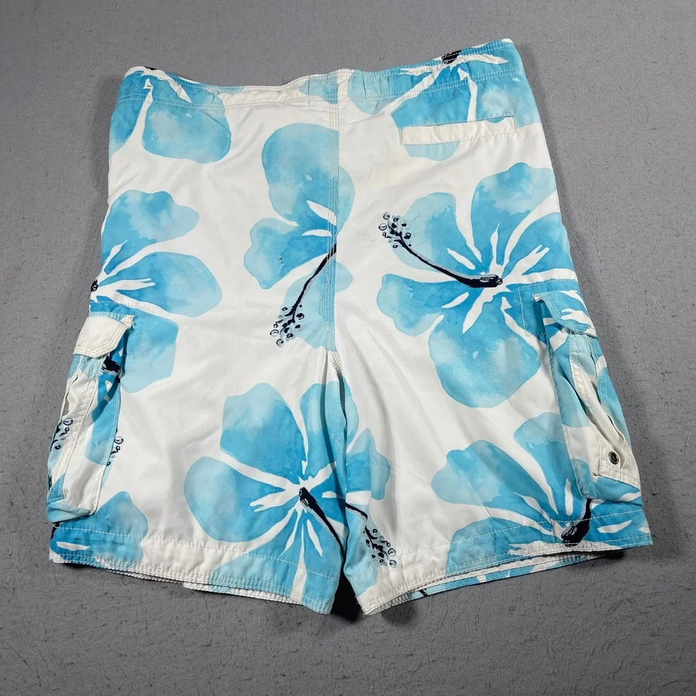 VTG Hollister Swim‎ Trunks Men XL Blue Floral Hawaiian Board Shorts Pockets Y2K